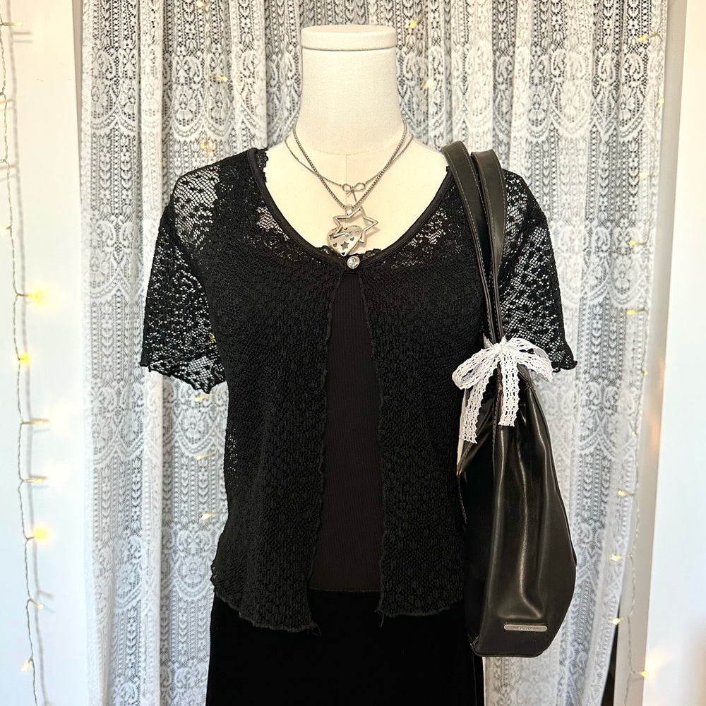 Y2K Charlotte Russe Black Sheer Mesh Short Sleeve Knit Cardigan Goth Fairy